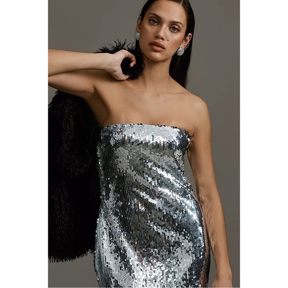 RHODE Lisa Sequin‎ Midi Dress Silver Strapless 10 - Picture 3 of 8